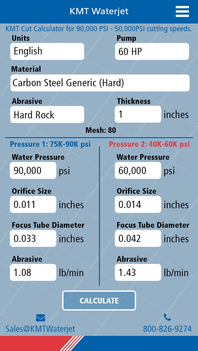 KMT Waterjet cutting calculator interface with material and speed inputs