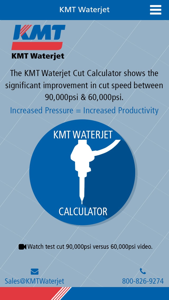 KMT Waterjet Cut Calculator launch screen showing pressure and productivity settings