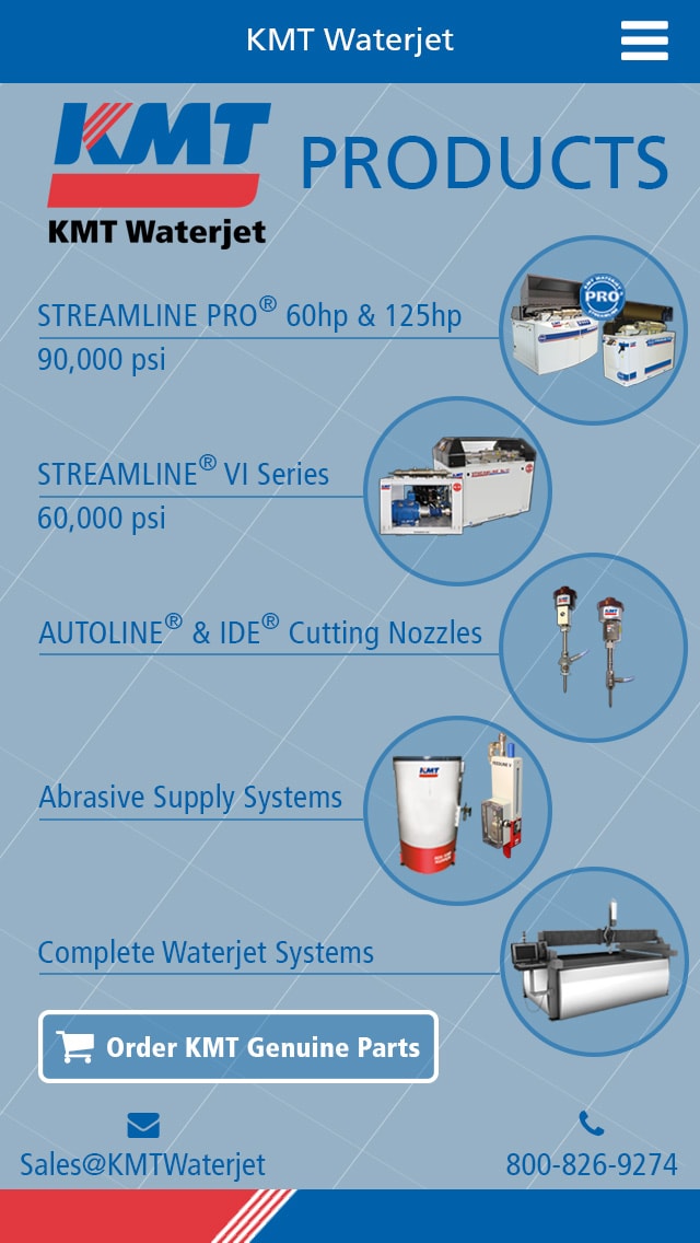 KMT Waterjet products catalog showing equipment systems and specifications