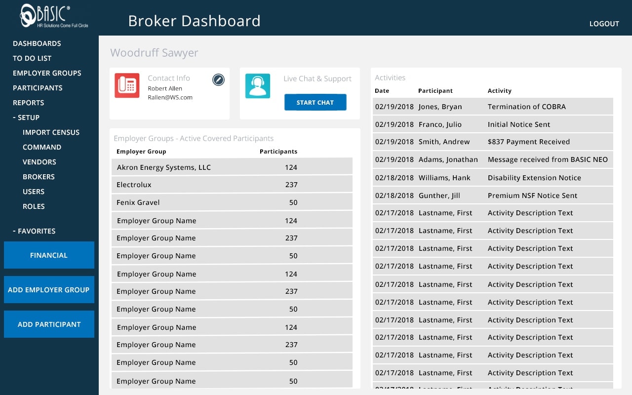 BASIC GateKeeper Broker Dashboard showing employer groups, participant counts, and activity log