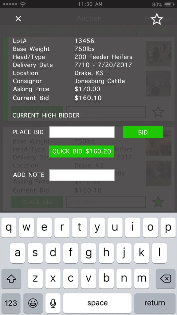 The Cattle Company — auction bid note screen