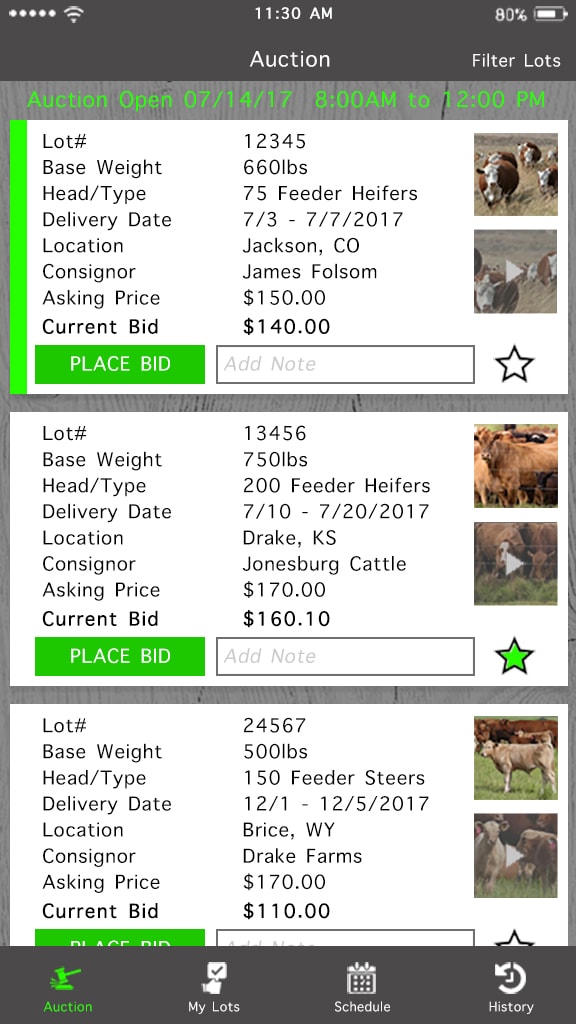 The Cattle Company — current auction screen