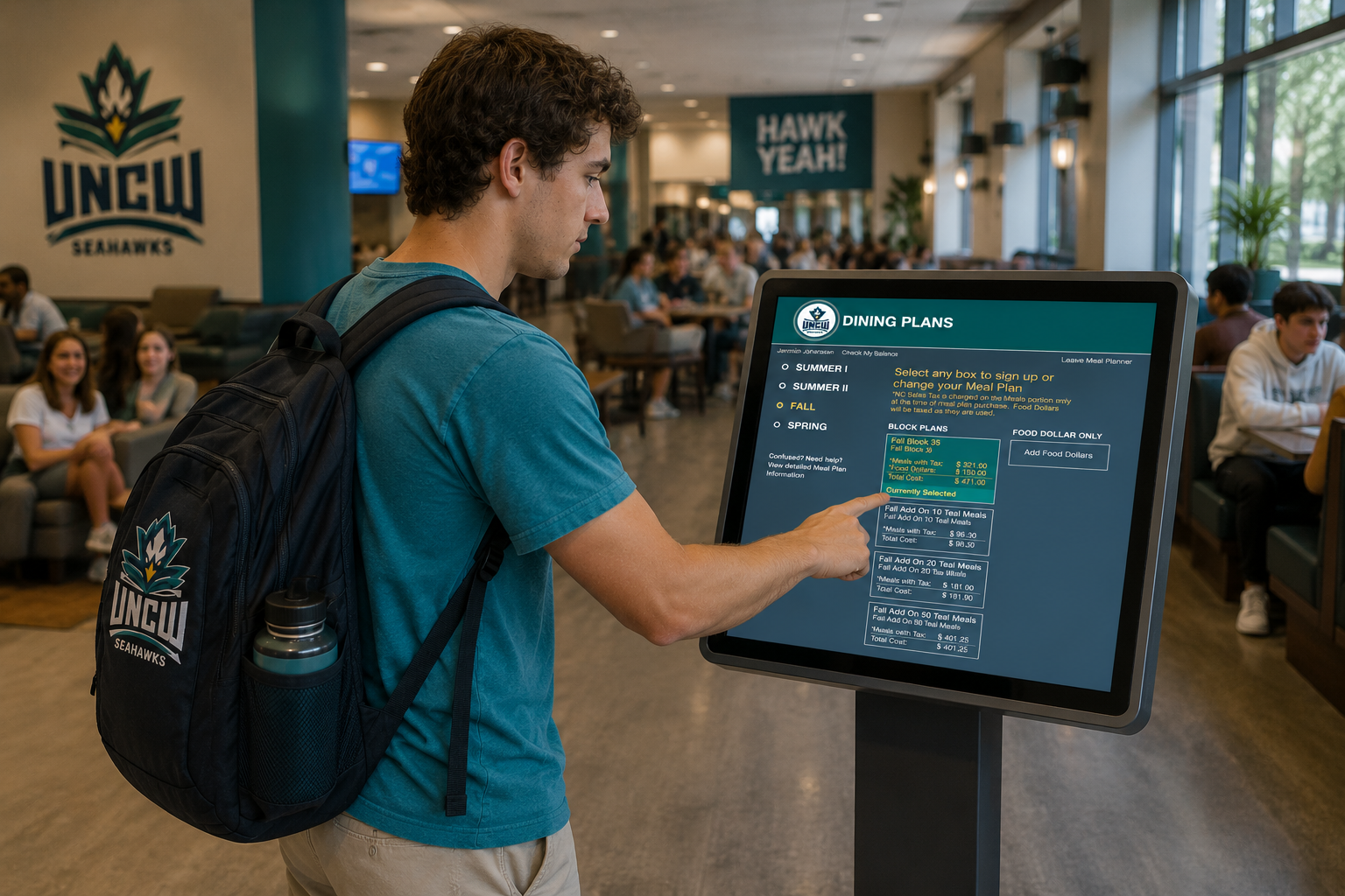 UNCW student selecting a dining plan at the Anthology Meal Planner kiosk in the campus dining hall