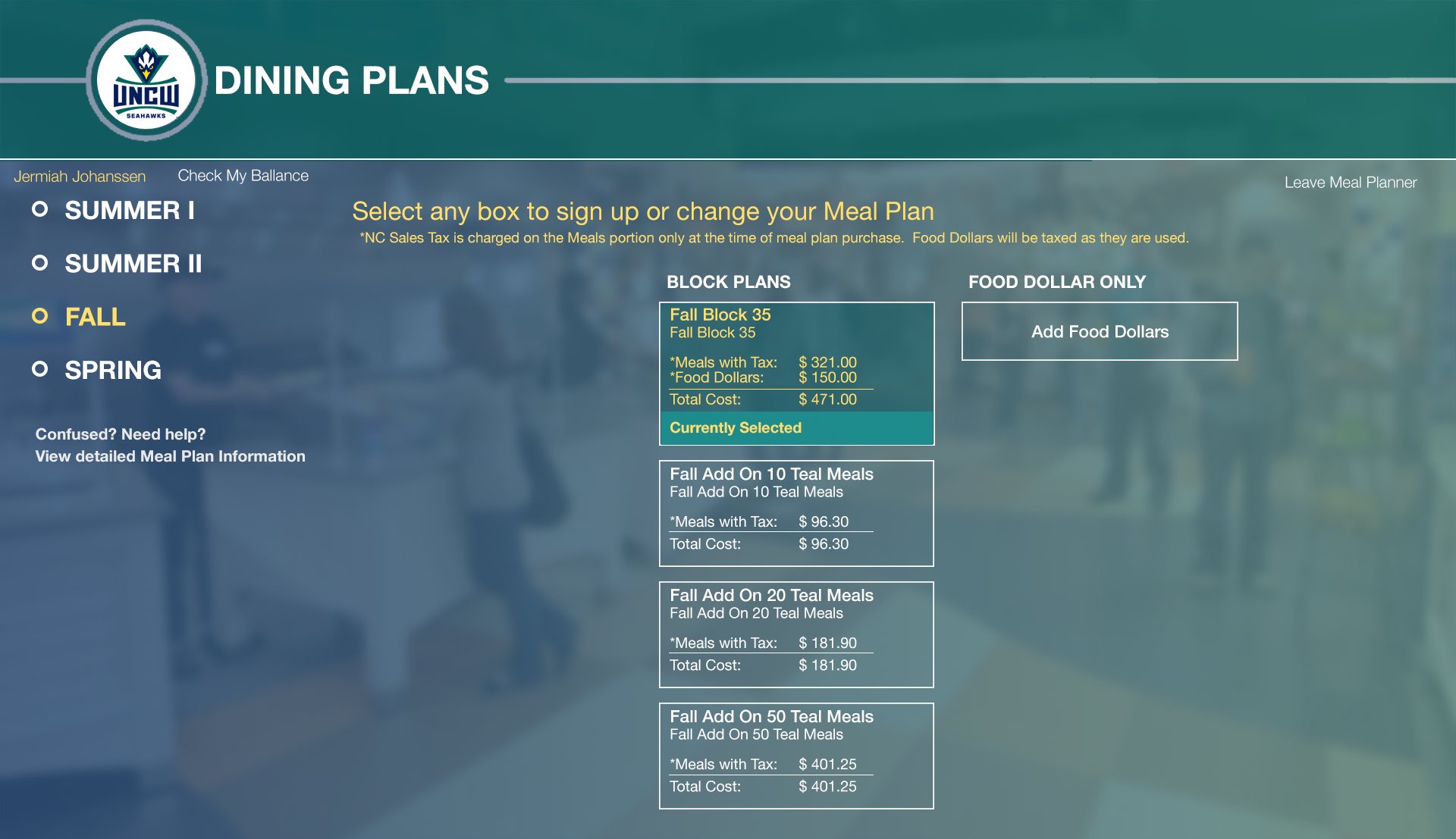 UNCW Dining Plans interface showing seasonal block plan selection with meal and food dollar pricing