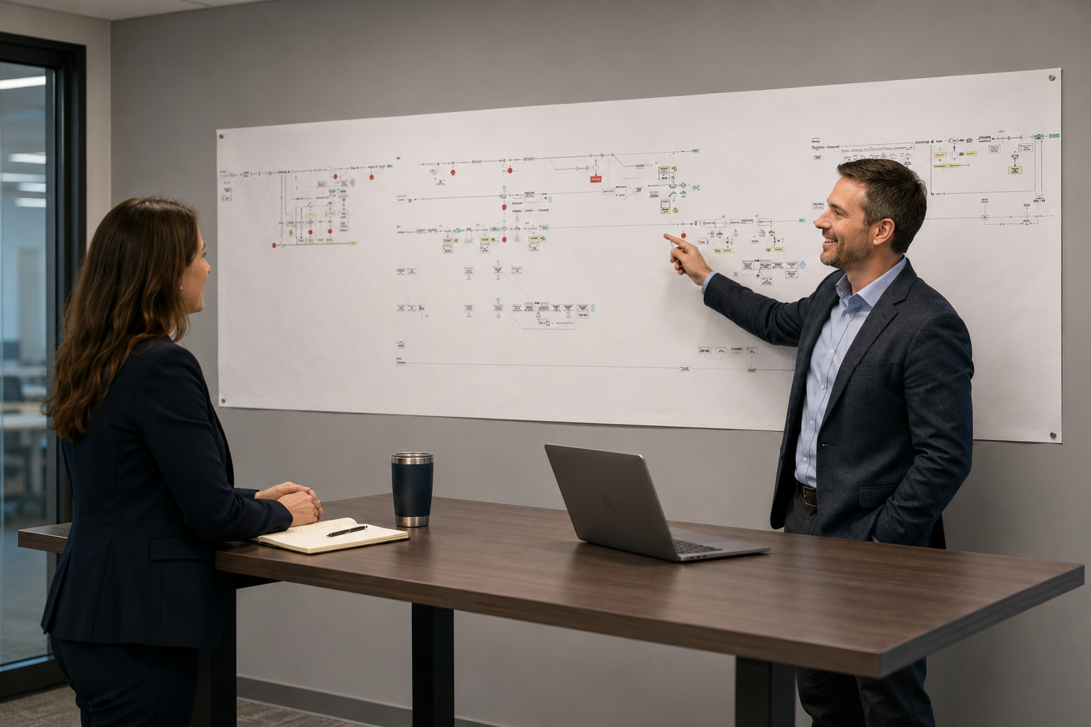 Workflow analysis session — reviewing process diagrams in conference room