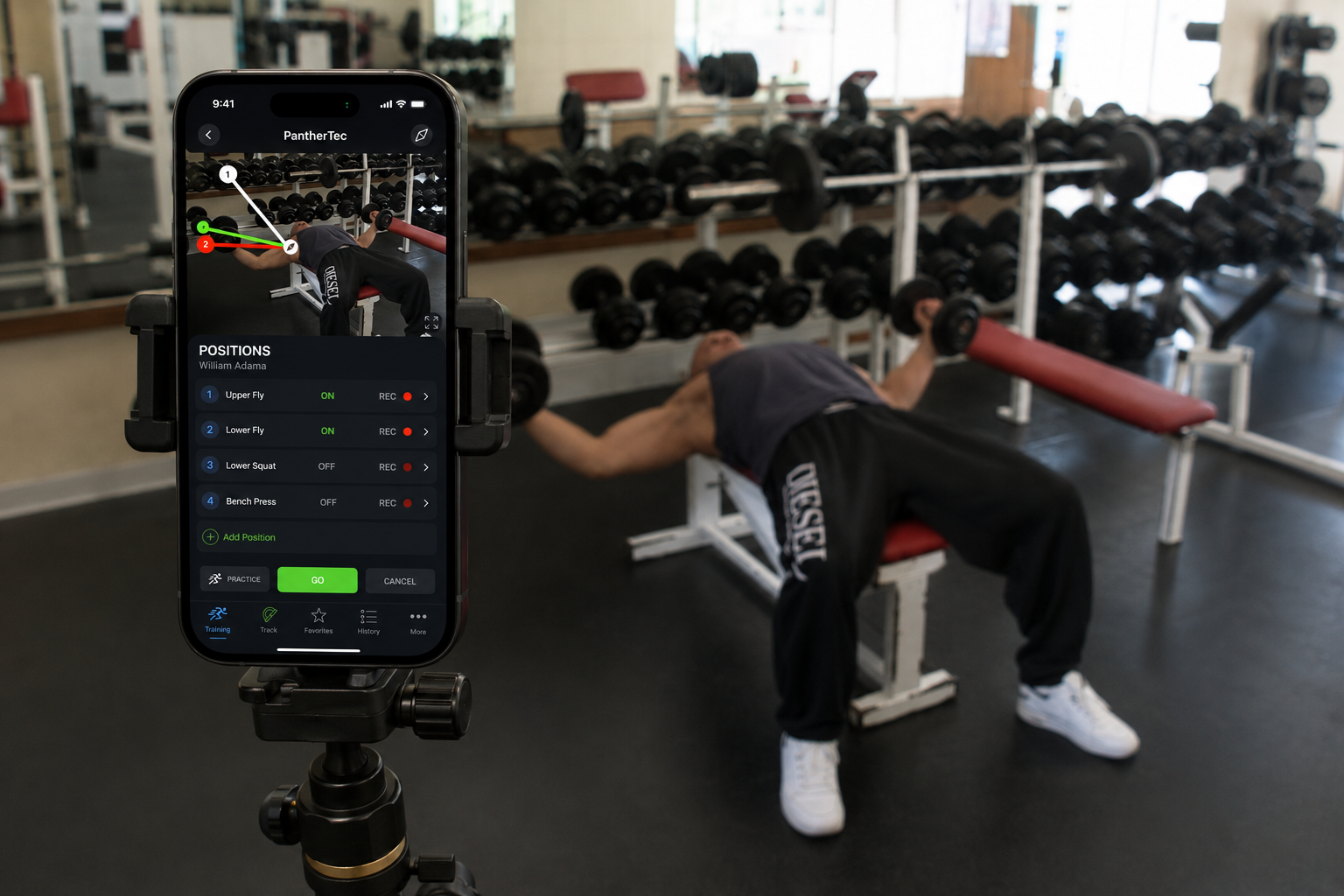 PantherTec app in use — positions tracking interface on a phone mounted in a gym