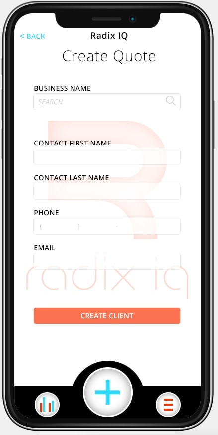 Radix IQ Create Quote form with business name search and contact fields