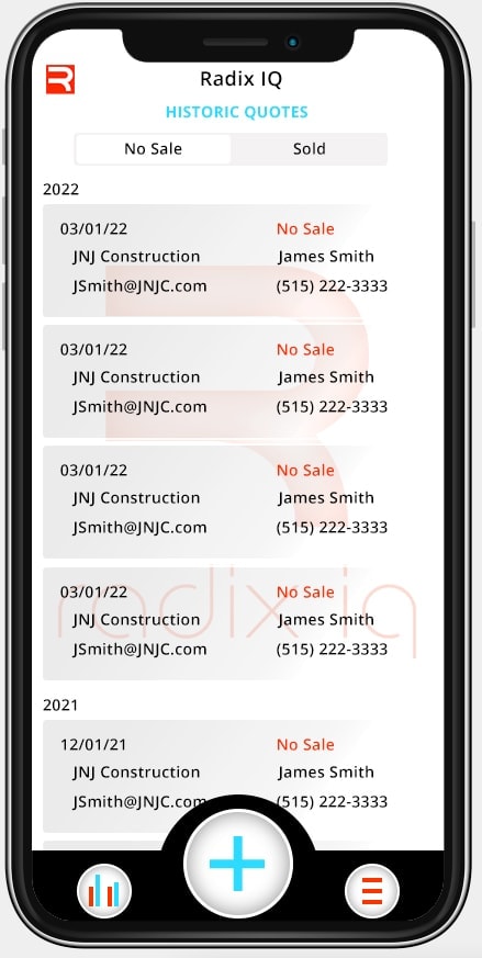 Radix IQ Historic Quotes screen showing No Sale and Sold tabs with dated quote entries