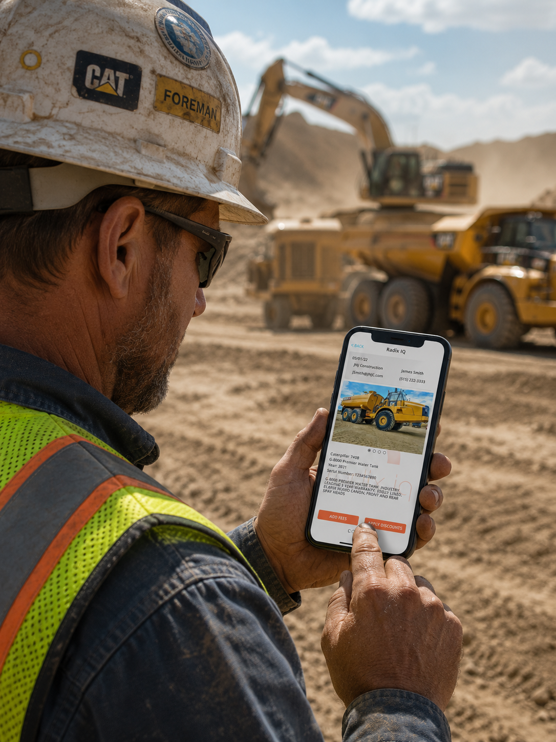 Radix IQ app in use on a heavy equipment job site