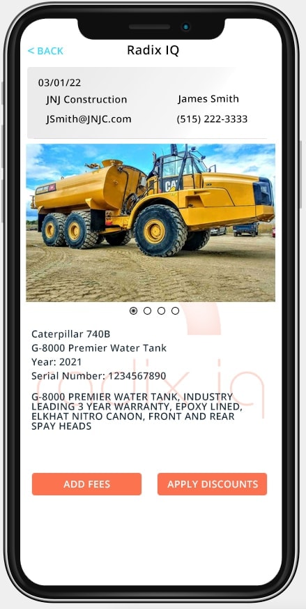 Radix IQ view quote detail showing Caterpillar 740B water tank asset with client contact info