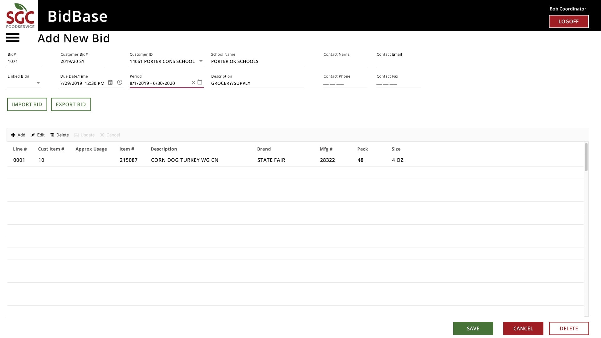 BidBase Add New Bid form showing bid details, line items, and import/export controls