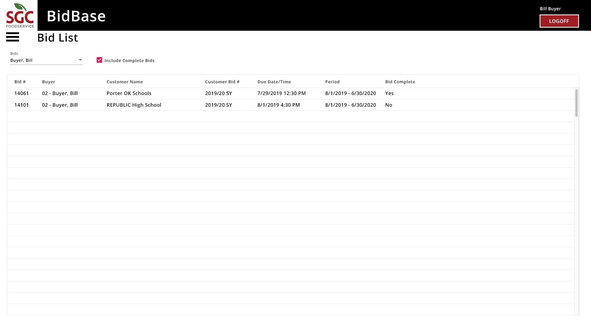 BidBase Buyer Bid List showing assigned bids with completion status and include-complete toggle