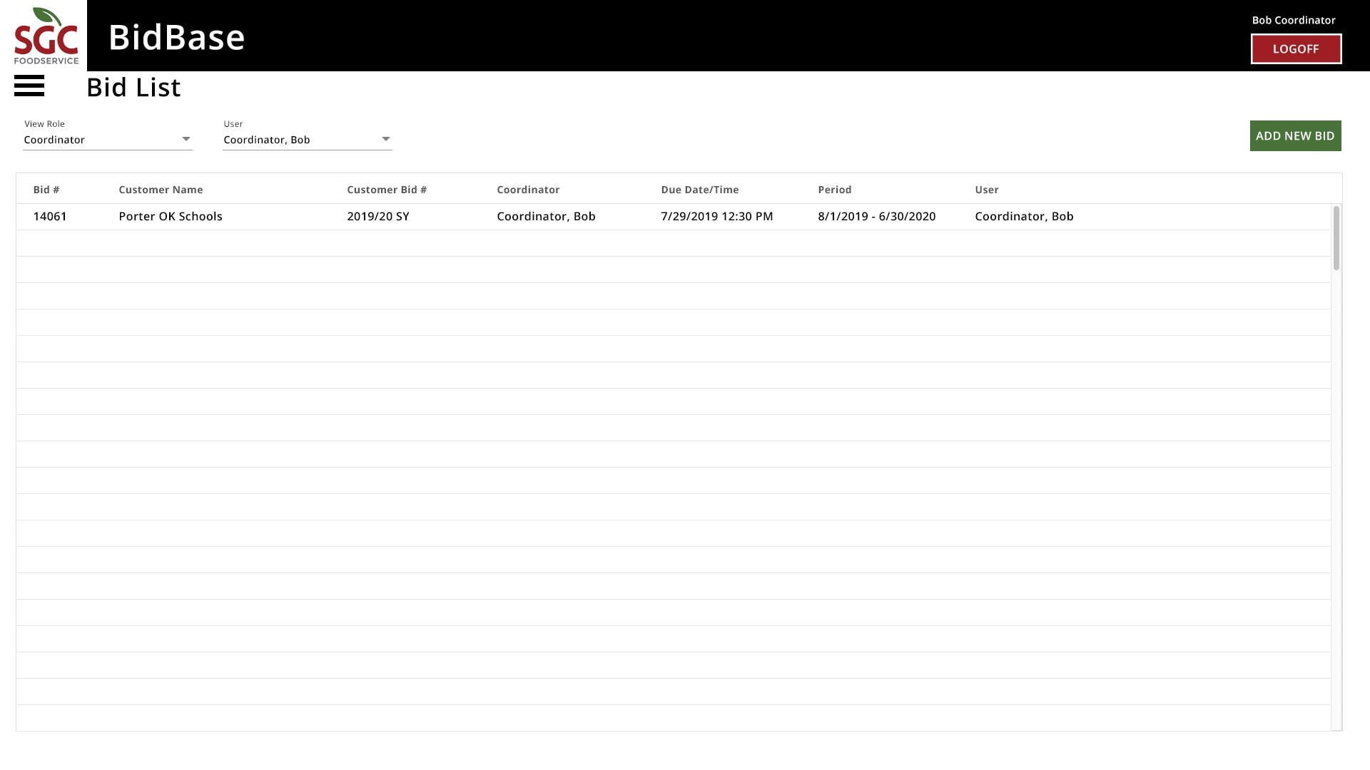 BidBase Coordinator Bid List showing bids filtered by role and user with Add New Bid action