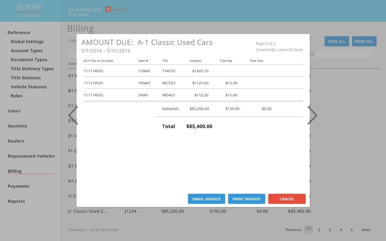 Skyline Capital Billing interface showing an itemized invoice modal for A-1 Classic Used Cars with ACH, interest, title fees, and total due