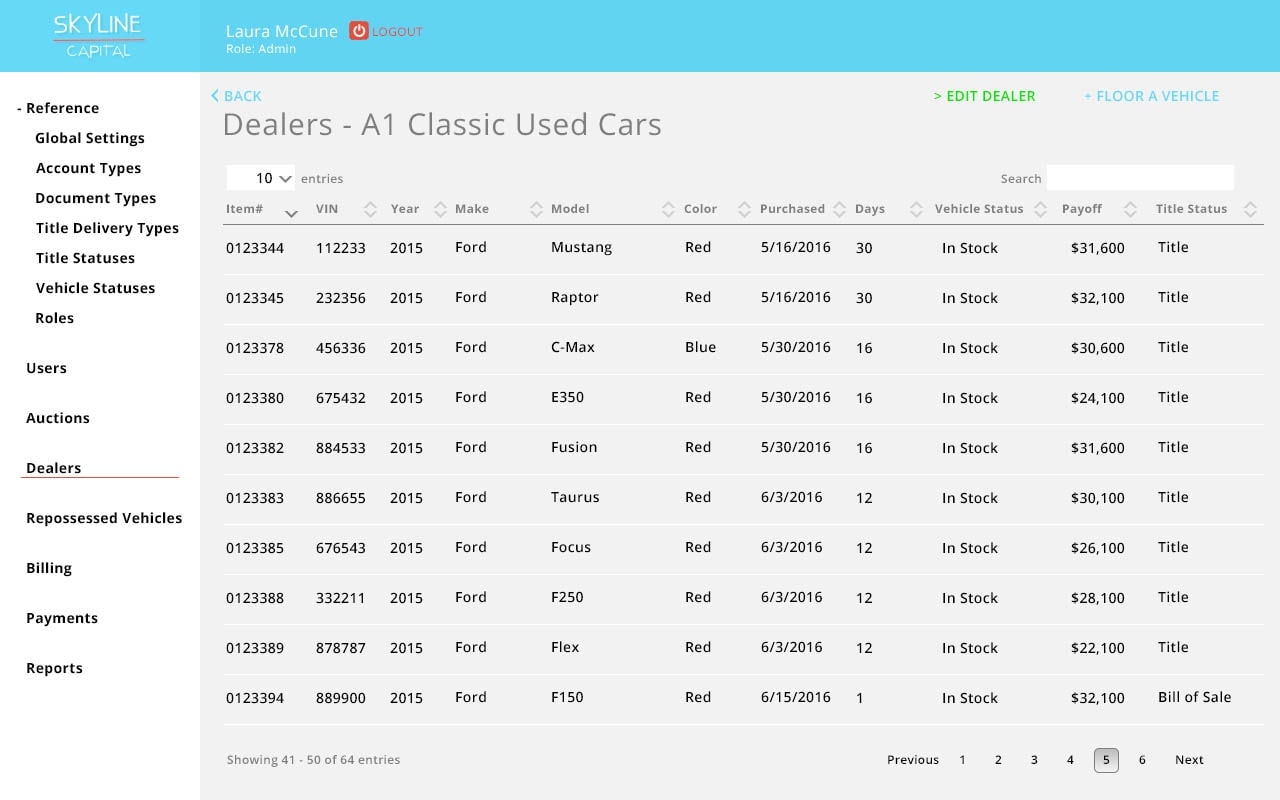 Skyline Capital Dealers Floor Plan showing vehicle inventory table with VIN, make, model, payoff, and title status per dealer
