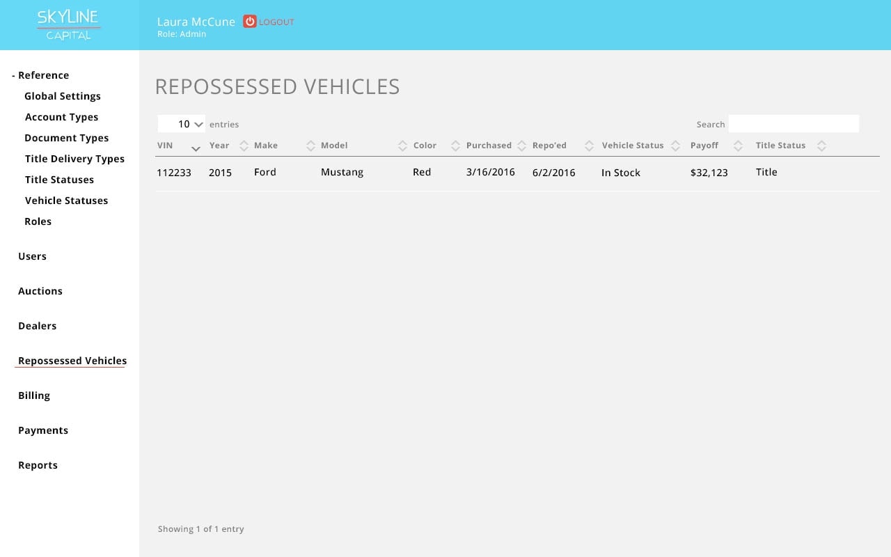 Skyline Capital Repossessed Vehicles admin dashboard showing repo'd vehicle records with VIN, make, model, and payoff