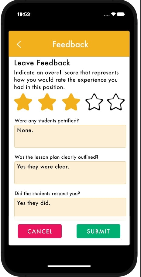 Slate app feedback screen with 5-star rating and open-ended questions about the placement experience