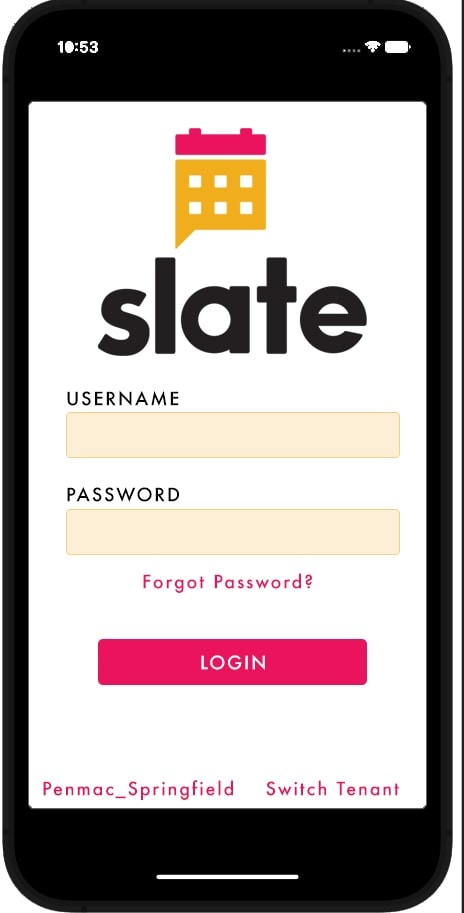 Slate app login screen showing brand logo, username and password fields, and login button