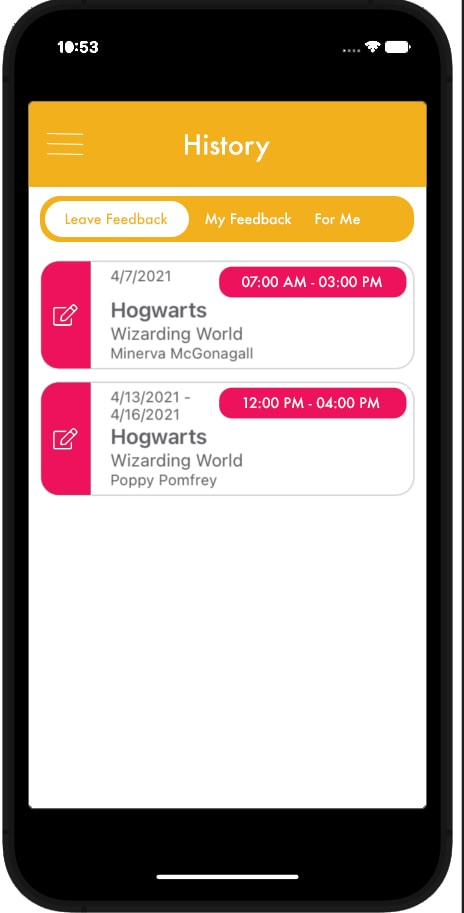 Slate app history screen showing past placement records and visit log