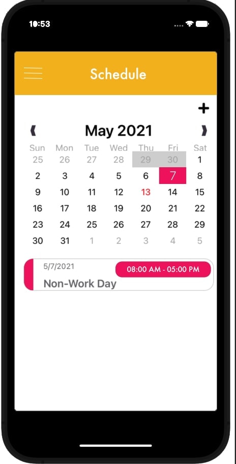 Slate app schedule screen showing May 2021 calendar grid with a non-work day event entry