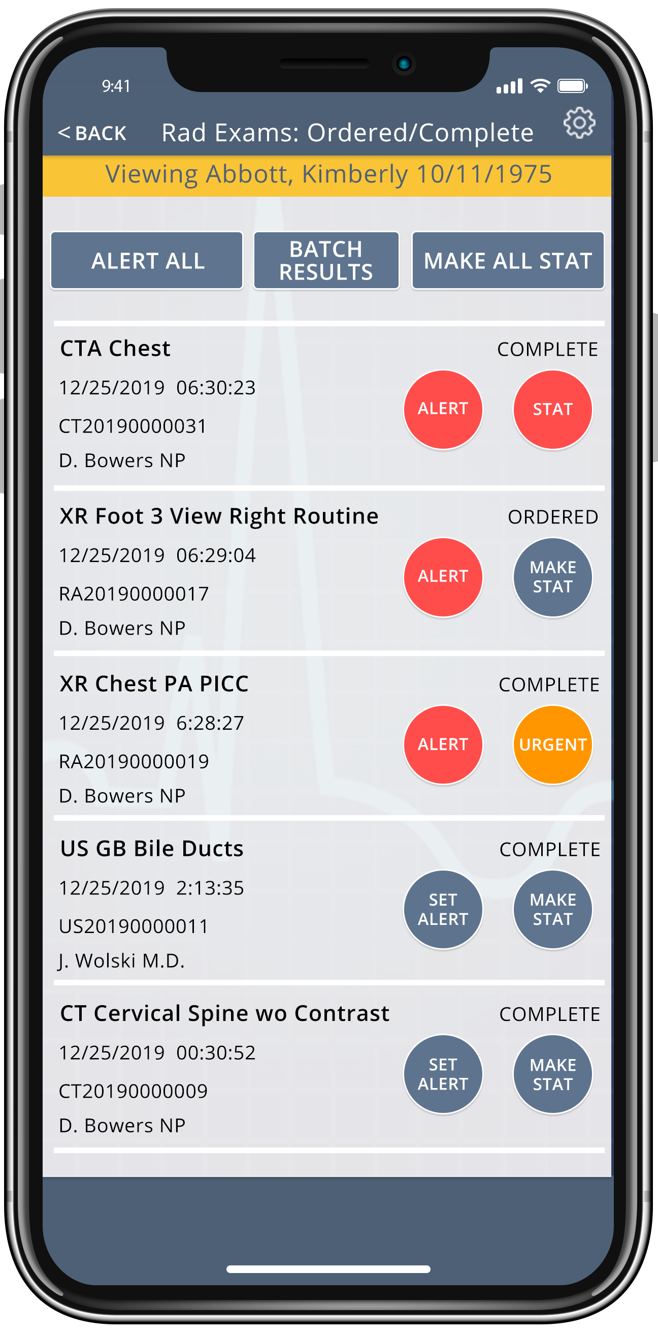 STATalert Rad Exams Ordered and Complete screen showing exam list with Alert and Urgent status indicators