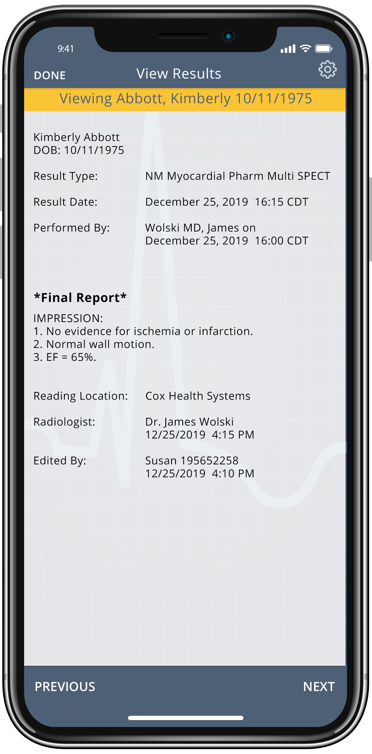 STATalert View Results screen showing final radiology report with impression, radiologist, and reading location details